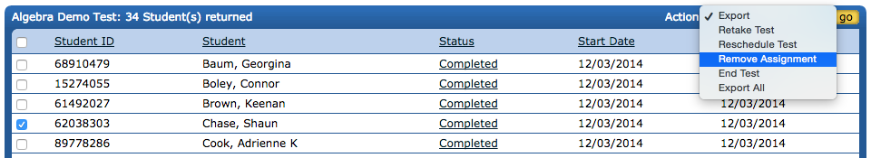 Remove Students from Assigned test